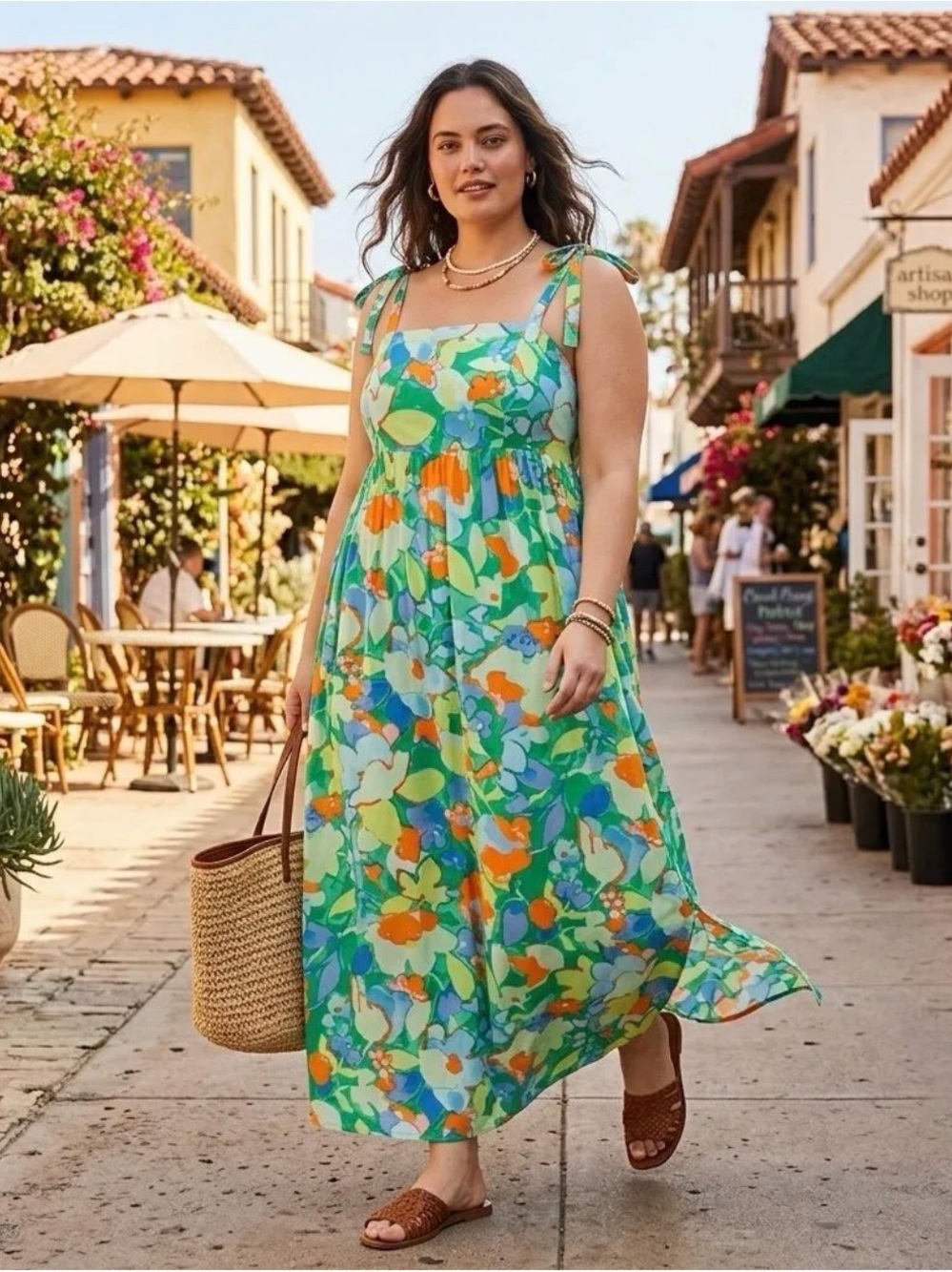 ODDY Green & Orange Floral Tie-Shoulder Maxi Dress